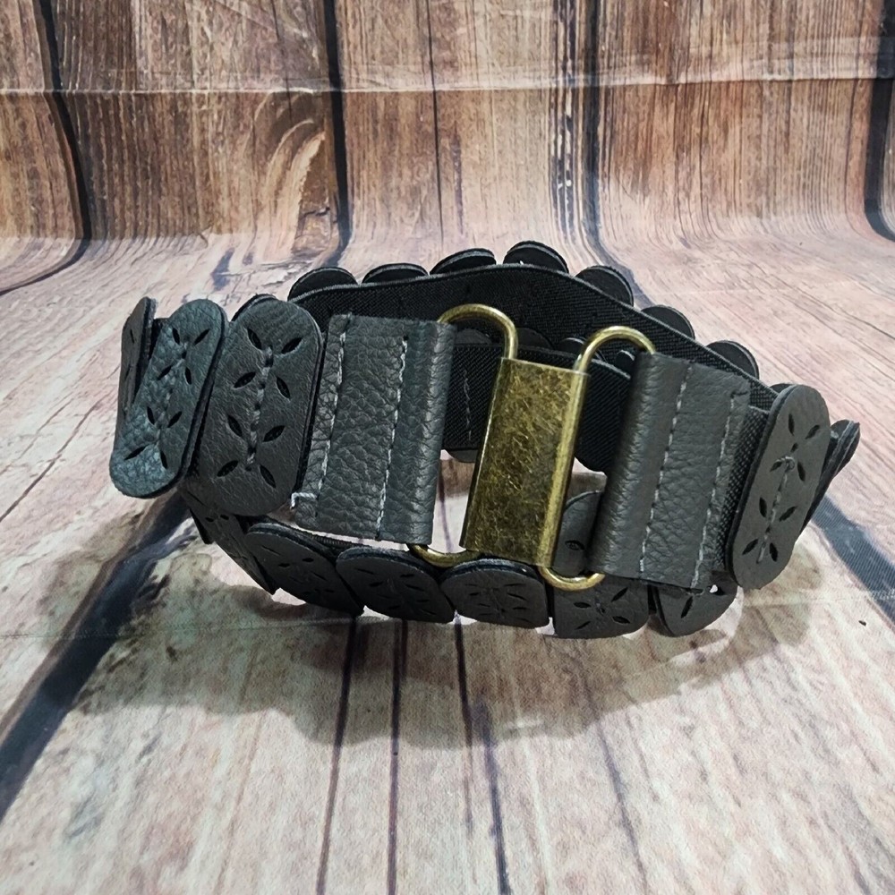 Gray Faux Leather Womens Stretch Belt Perforated Brass Tone Buckle Adj 26"-38"